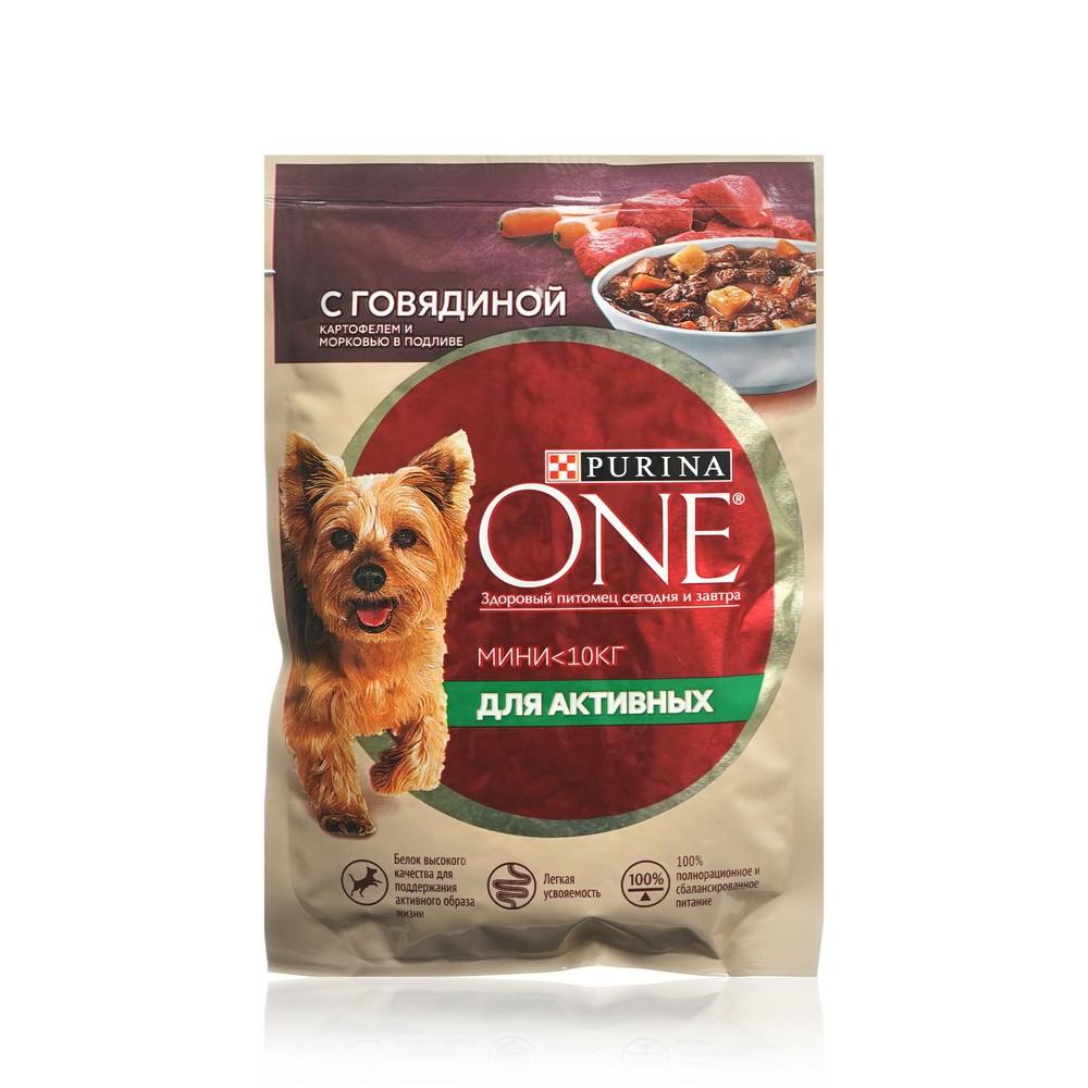 Влажный корм для собак Purina One Мини <10кг " активная " с говядиной, картофелем и морковью в подливе 85г. Фото 1.