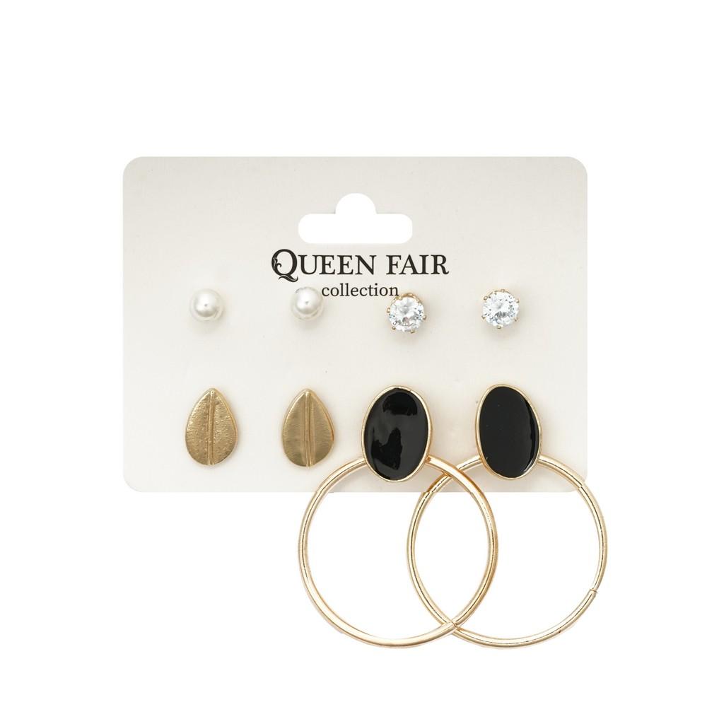 Серьги Queen Fair Летние Истории, листья/круги черно-белый в золоте 4 пары.