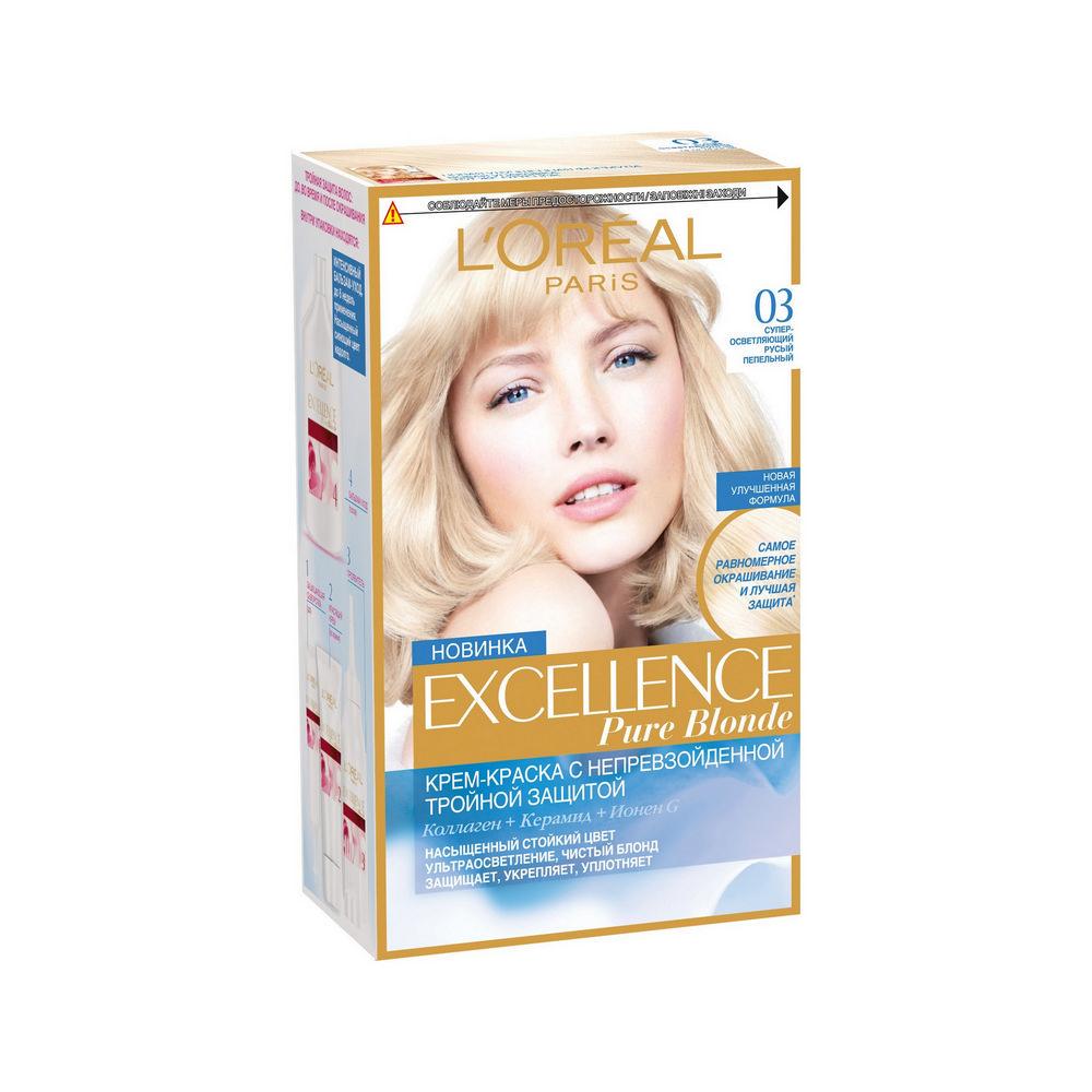 Крем - краска L'Oreal Paris Excellence Pure Blonde Ультраосветление для волос 03 Супер-осветляющий русый пепельный. Фото 1.