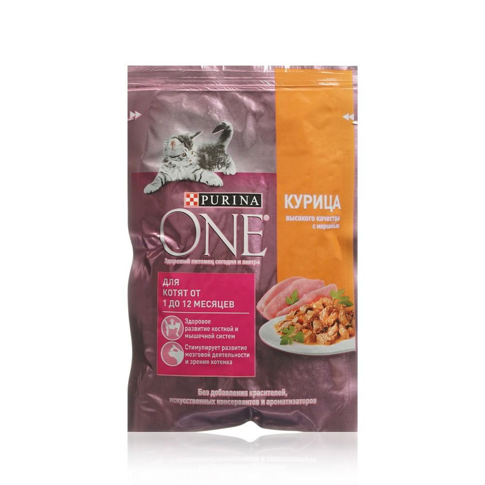 Влажный корм для котят Purina One с курицей и морковью 75г. Фото 1.