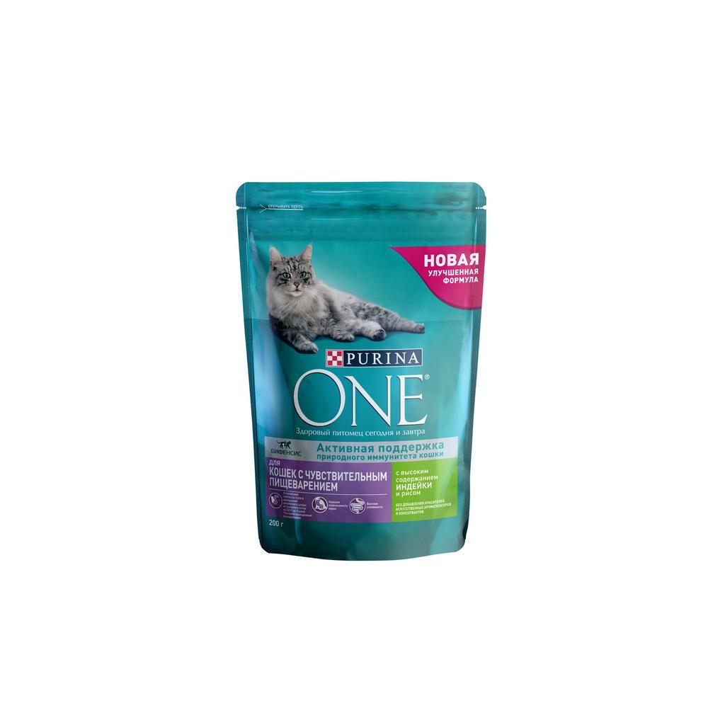 Сухой корм для кошек с чувствительным пищеварением Purina One с индейкой и рисом 200г. Фото 1.