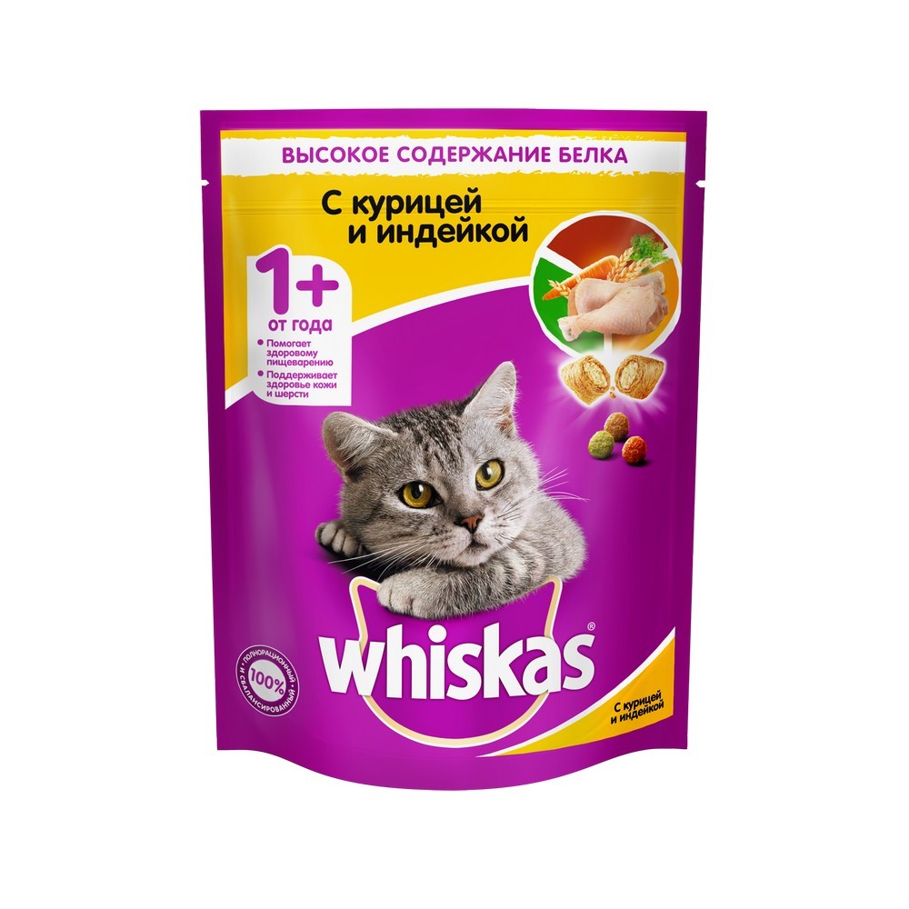 

Сухой корм для взрослых кошек Whiskas подушечки с курицей и индейкой 800г