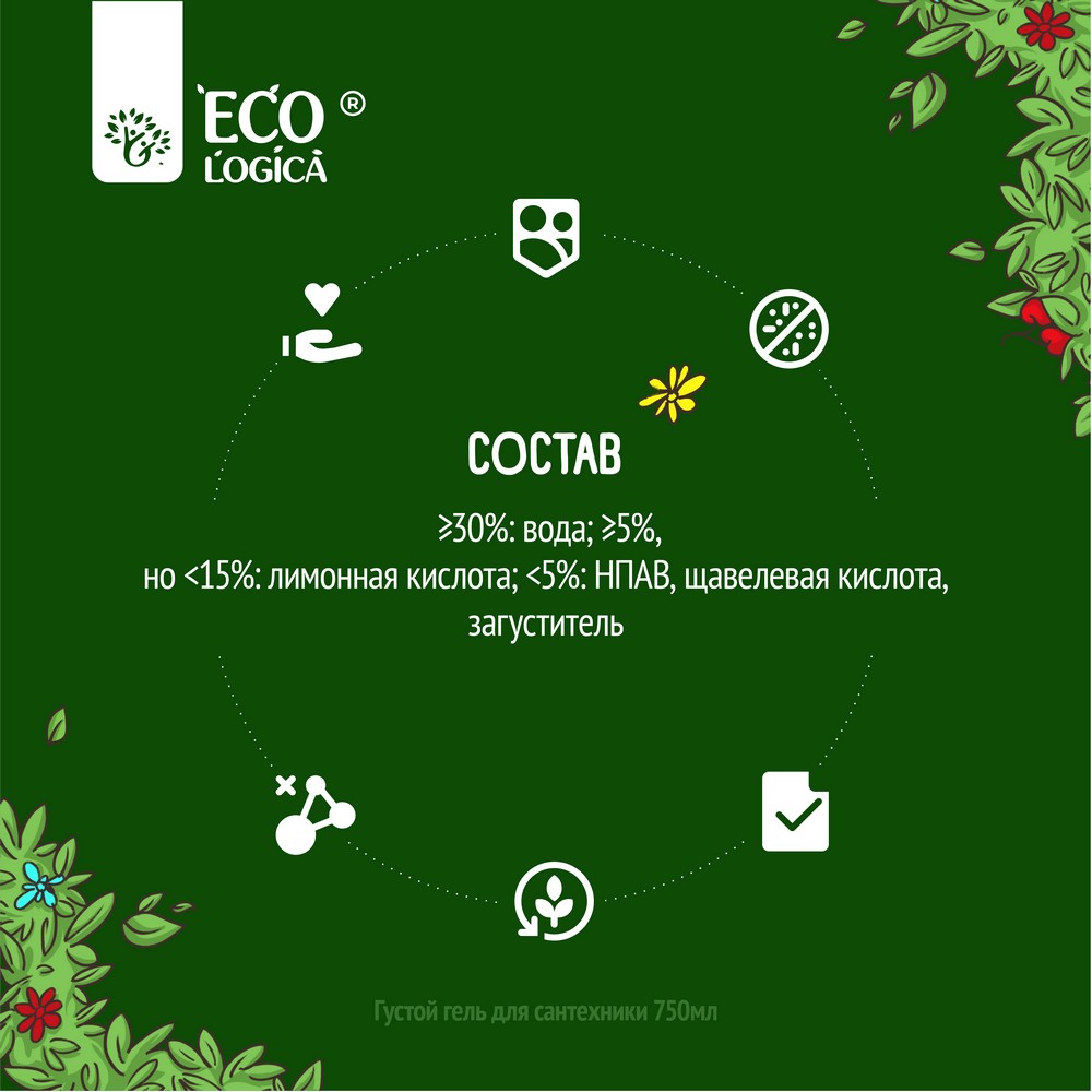 Густой гель для сантехники Ecologica против ржавчины и известкового налета  750мл - купить в интернет-магазине Улыбка радуги