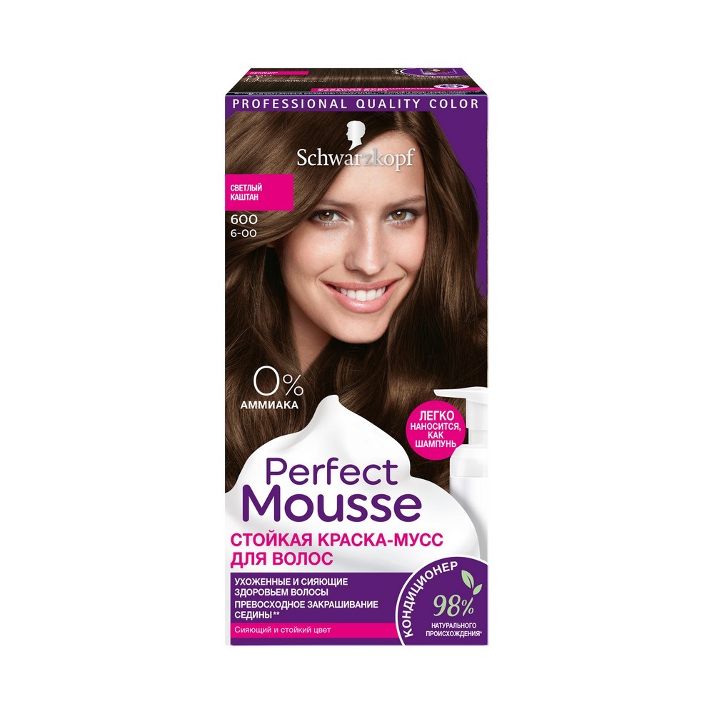 Краска - мусс Schwarzkopf PERFECT MOUSSE стойкая для волос 600 Светлый  каштан в интернет-магазине Улыбка Радуги.