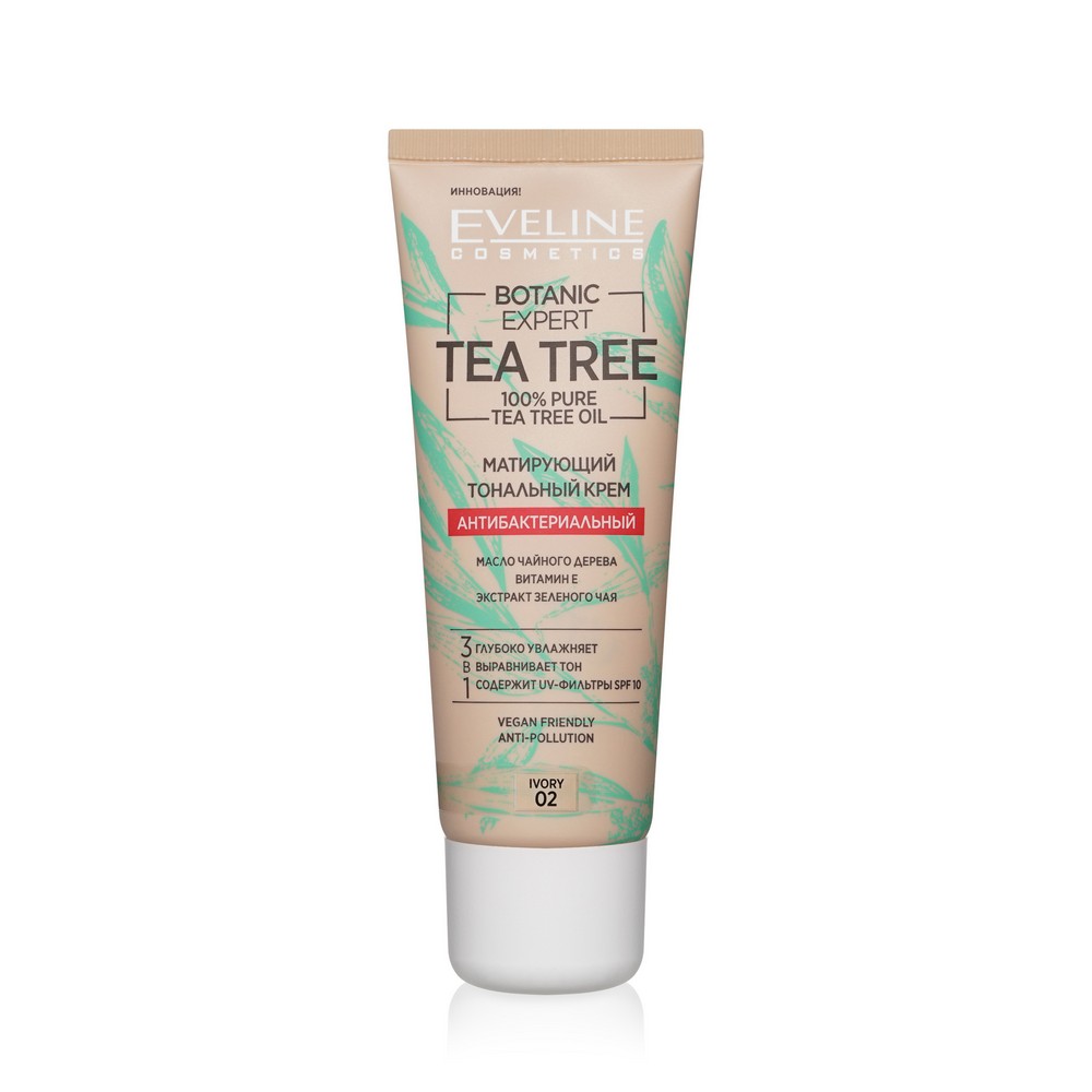 Тональный крем для лица Eveline Tea tree антибактериальный матирующий 02 Ivory 30мл