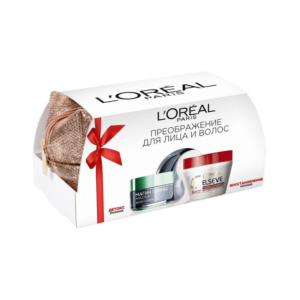 Женский Подарочный набор LOreal Paris маска Магия Глины для лица Детокс и Сияние 50мл восстанавливающая маска Elseve Полное Восстановление 5 для поврежденных волос 300мл 752₽