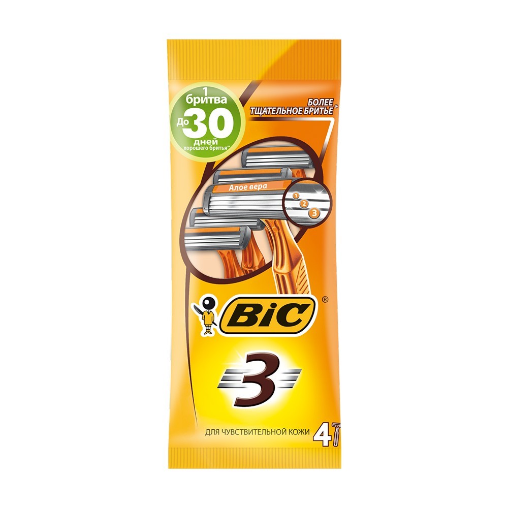 Мужской одноразовый станок для бритья Bic для чувствительной кожи , 3 лезвия , 4шт